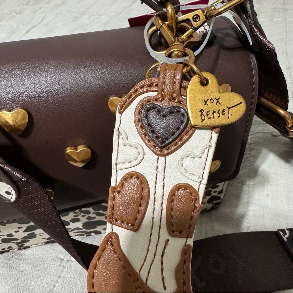 Betsey Johnson Western Brown & Black Cow Crossbody Bag with Heart Accents Charms - Picture 8 of 16